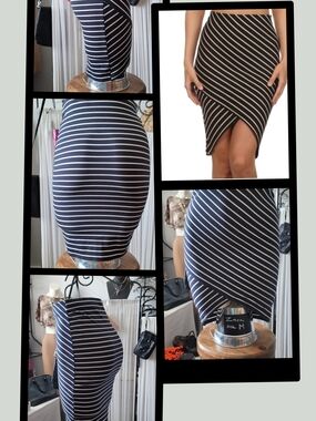 Zara Striped Pencil Skirt In Bluish/ Black and White Elastic Waist Size M